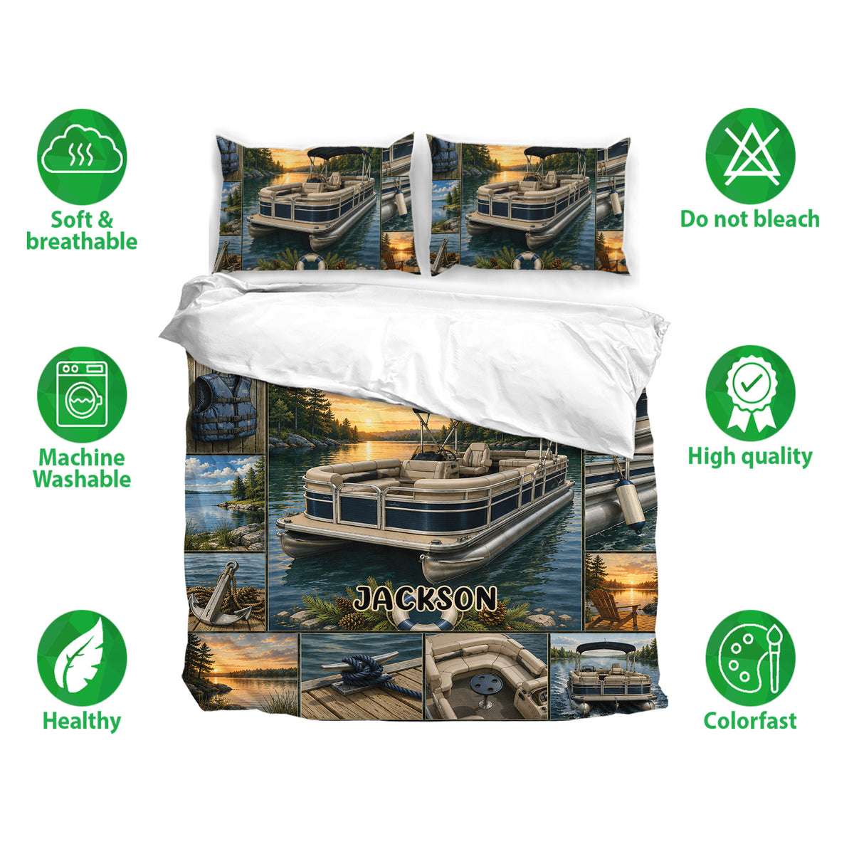 Pontoon bedding set with matching pillowcases, lake boat artwork, and soft breathable fabric icons