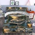 Pontoon duvet cover bedding set styled in a bedroom with scenic lake and boating artwork