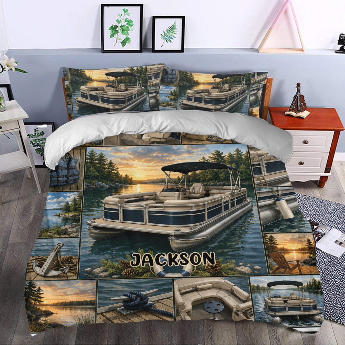 Pontoon duvet cover bedding set styled in a bedroom with scenic lake and boating artwork