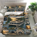 Lake-themed pontoon bedding set displayed in a bright bedroom with detailed boat and shoreline scenes