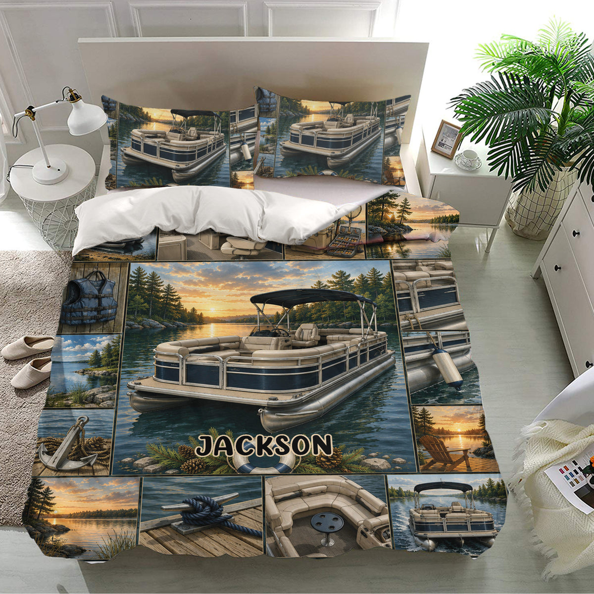 Lake-themed pontoon bedding set displayed in a bright bedroom with detailed boat and shoreline scenes