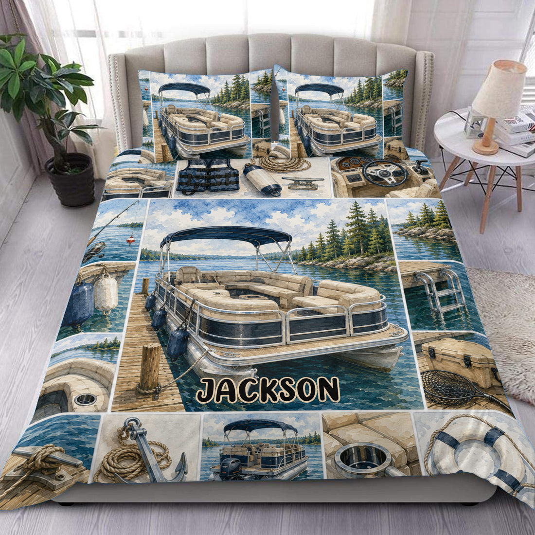 Pontoon duvet cover set displayed on a bed with lake, boat, and evergreen artwork