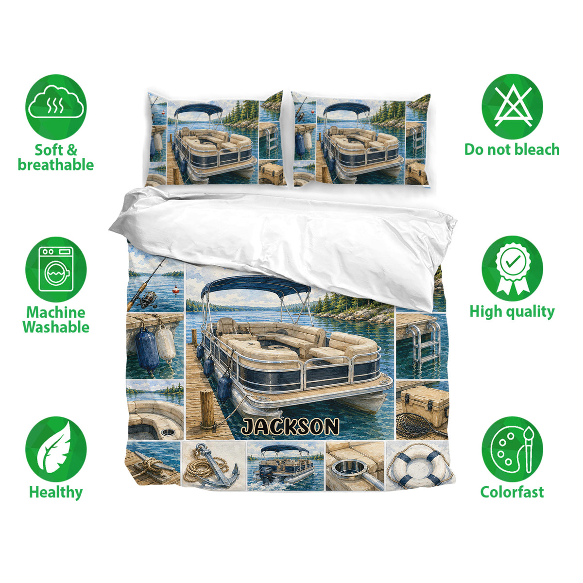 Pontoon bedding set displayed with matching pillowcases and scenic lake boat artwork