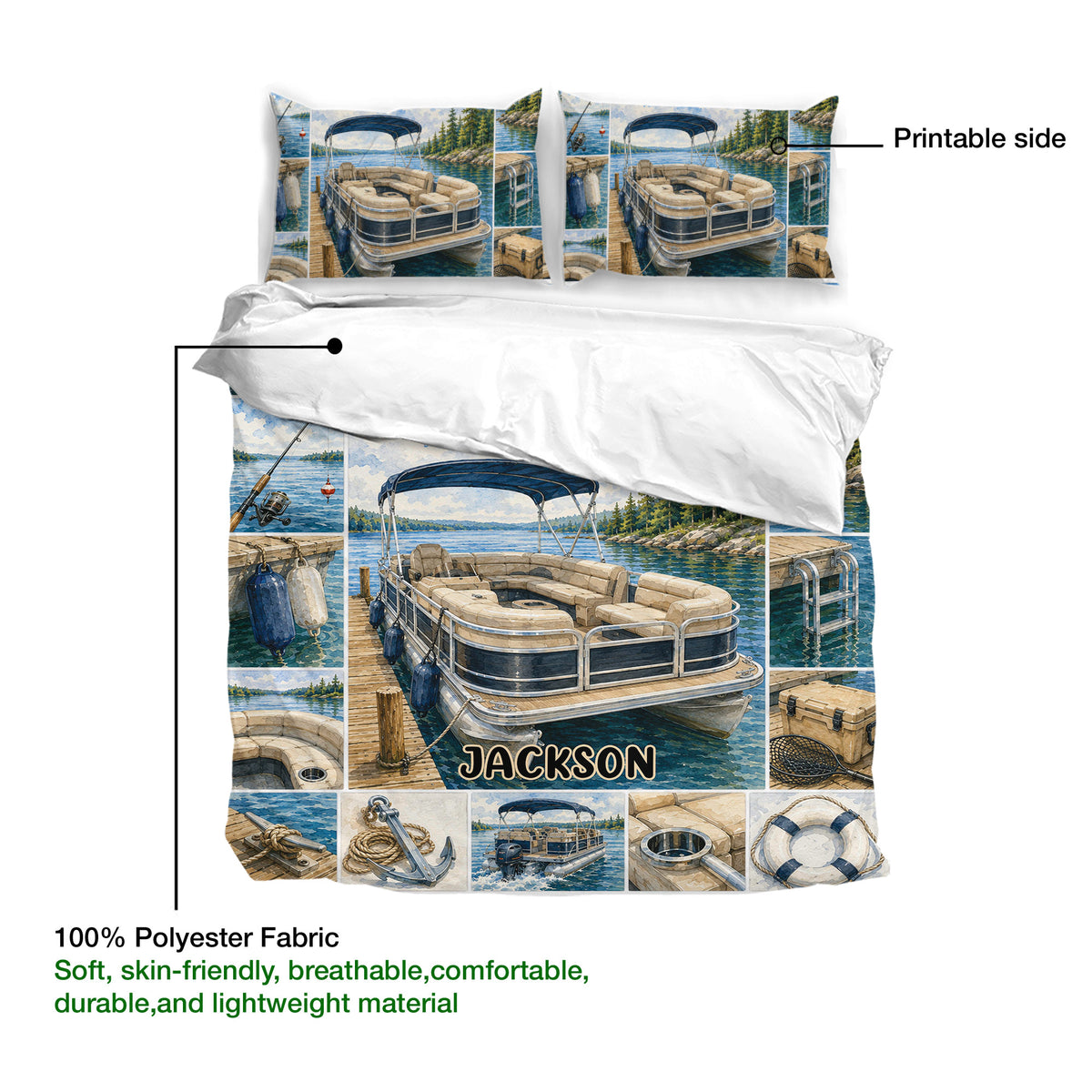 Pontoon duvet cover and pillowcases shown with printable artwork and soft fabric details