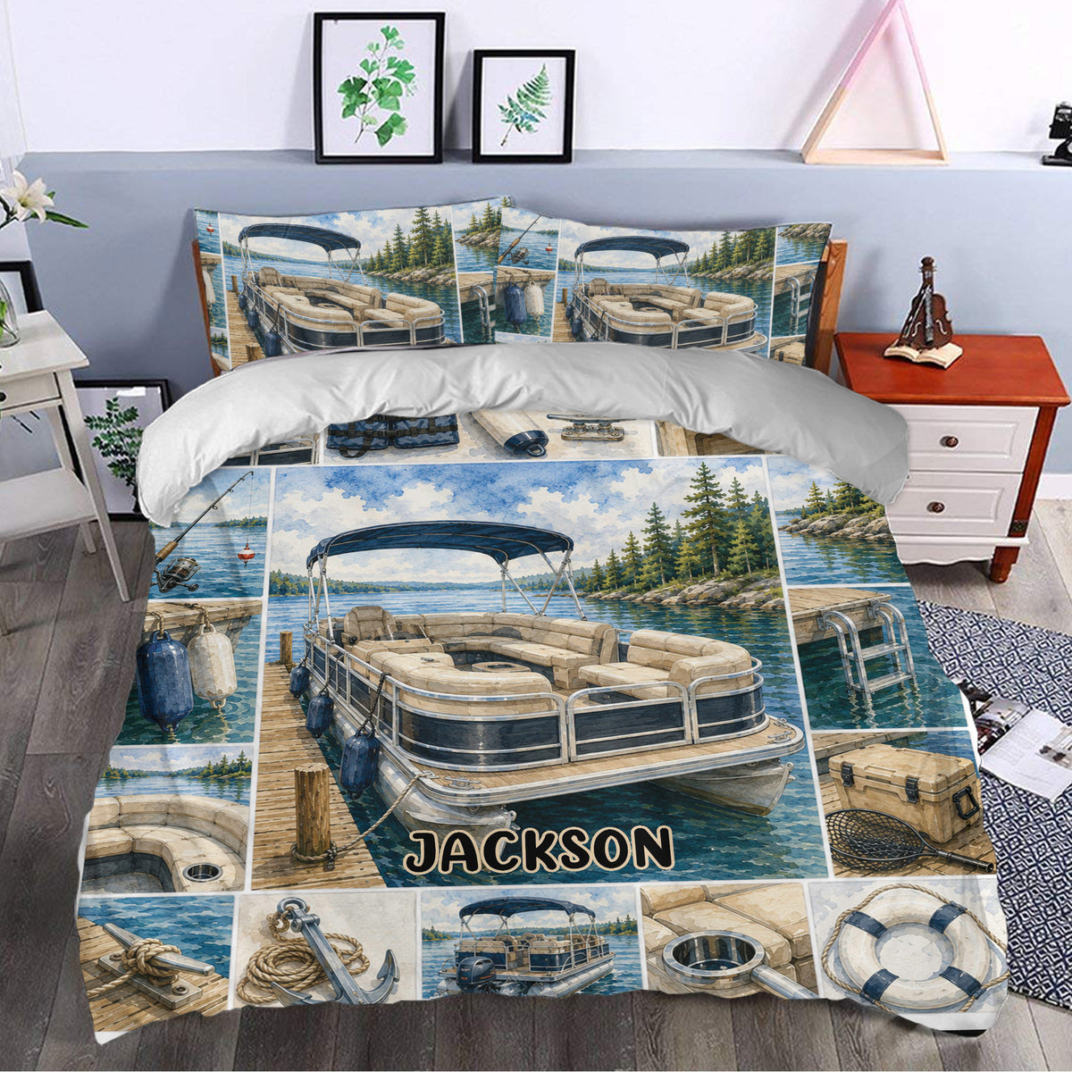 Pontoon duvet cover styled in a bedroom with blue lake scenery and boat artwork