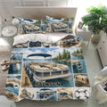 Pontoon bedding set presented in a bright bedroom with matching boat-themed pillowcases