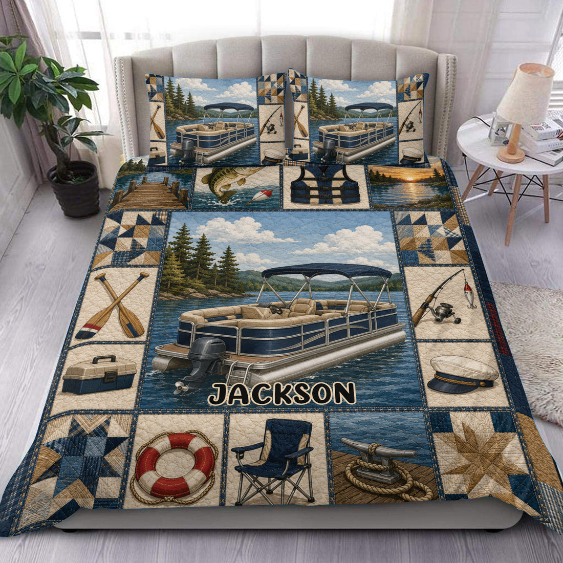 Pontoon boat duvet cover set displayed on a bed with lake scenes, fishing details, and navy patchwork accents