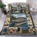Pontoon boat duvet cover set displayed on a bed with lake scenes, fishing details, and navy patchwork accents