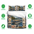 Pontoon boat bedding set with matching pillowcases, lake artwork, fishing motifs, and soft breathable fabric callouts