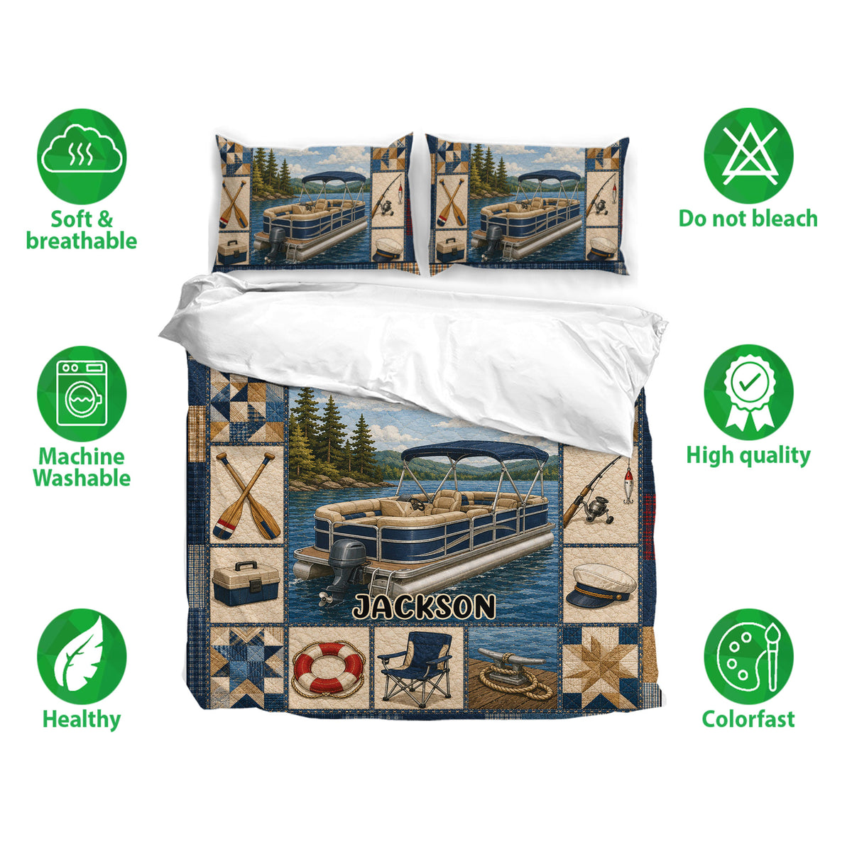 Pontoon boat bedding set with matching pillowcases, lake artwork, fishing motifs, and soft breathable fabric callouts