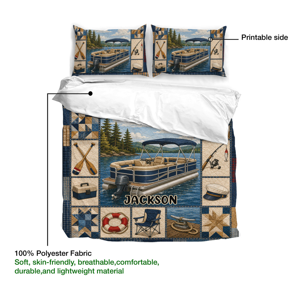 Pontoon duvet cover bedding set presentation showing the printed side and detailed lake, boat, and fishing artwork