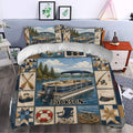 Pontoon boat duvet cover styled in a bedroom with navy lake artwork, oars, fishing gear, and outdoor details