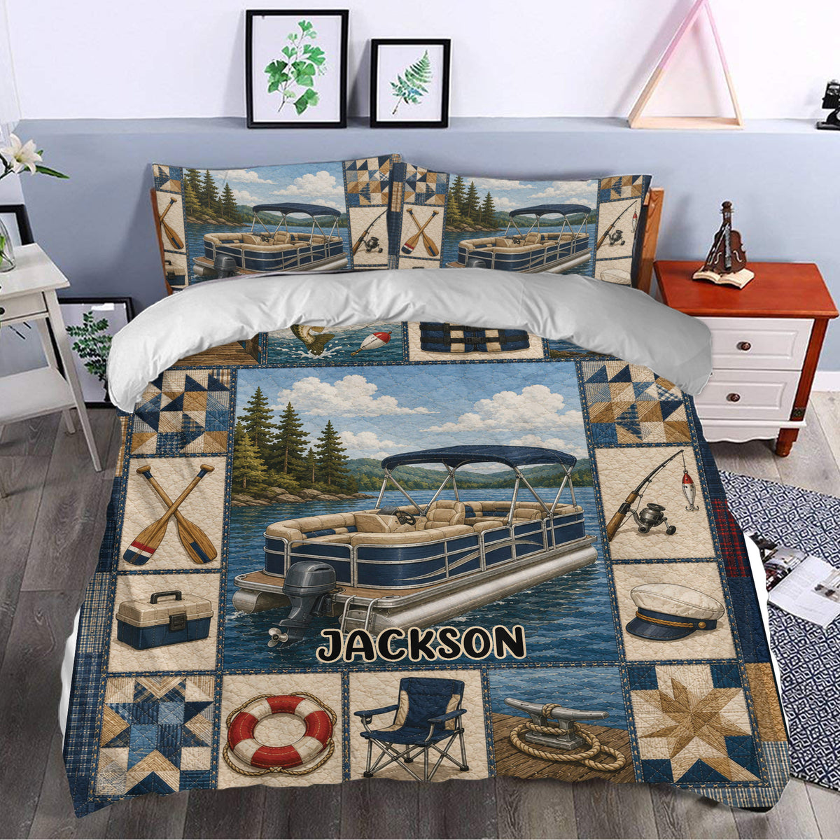 Pontoon boat duvet cover styled in a bedroom with navy lake artwork, oars, fishing gear, and outdoor details