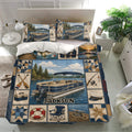Pontoon bedding set displayed in a bright bedroom with matching pillowcases, lake scenery, and fishing-inspired panels