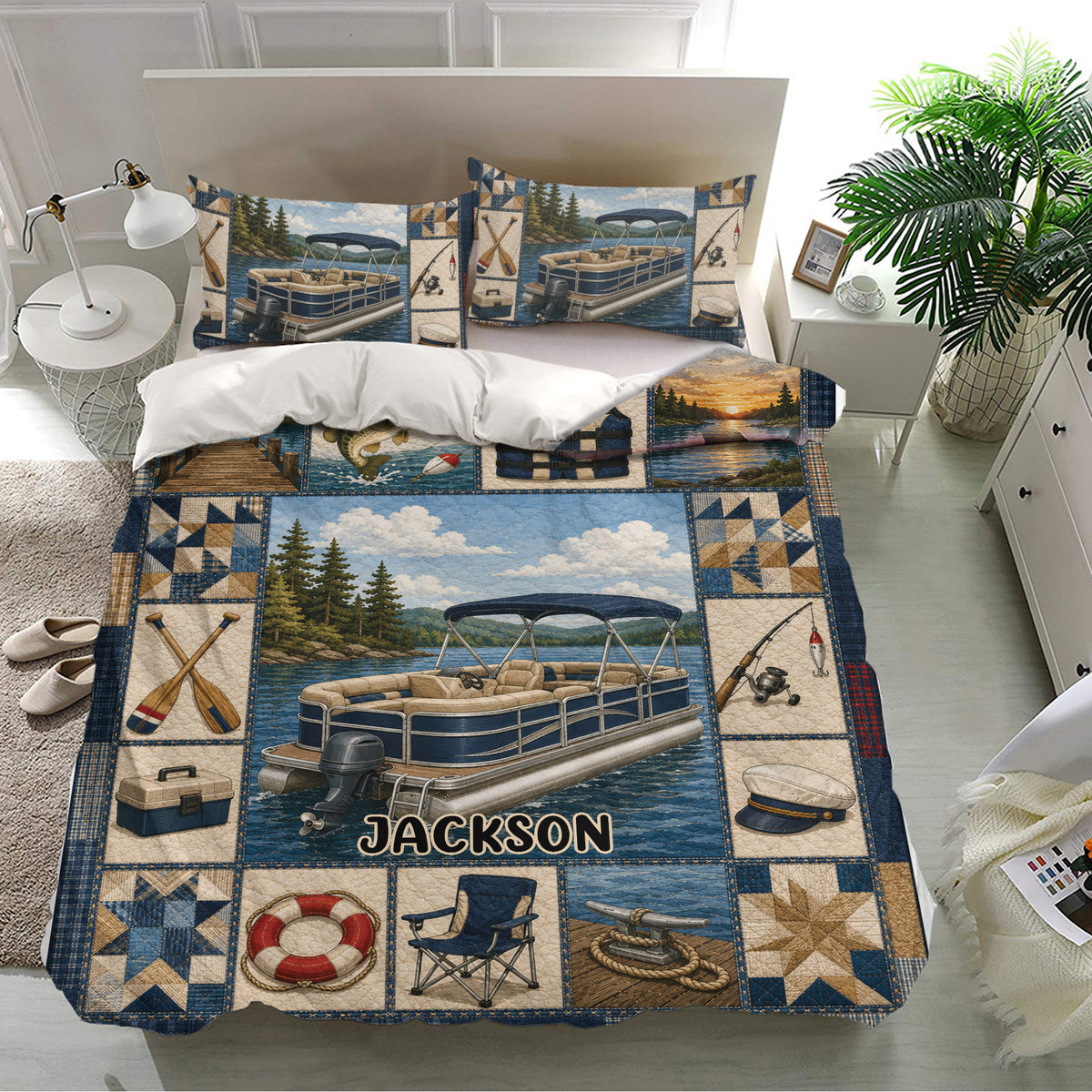 Pontoon bedding set displayed in a bright bedroom with matching pillowcases, lake scenery, and fishing-inspired panels
