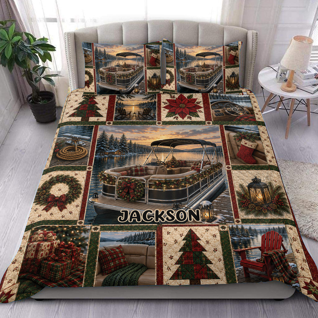 Pontoon duvet cover set displayed on a bed with Christmas lake scenes, wreaths, gifts, and evergreen accents