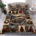 Pontoon duvet cover set displayed on a bed with Christmas lake scenes, wreaths, gifts, and evergreen accents