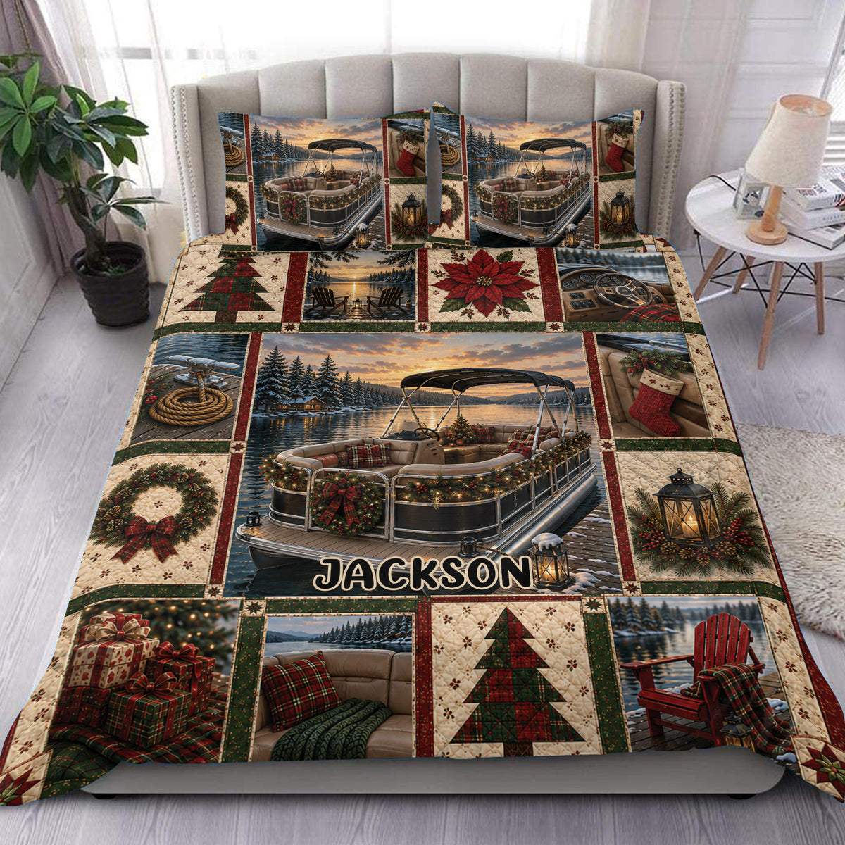 Pontoon duvet cover set displayed on a bed with Christmas lake scenes, wreaths, gifts, and evergreen accents