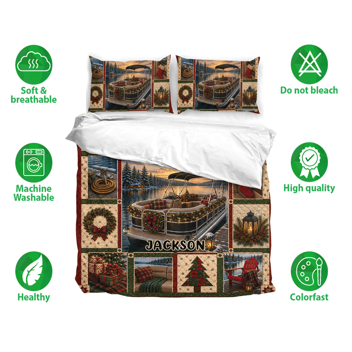 Pontoon bedding set shown with matching pillowcases and a festive winter lake design in red, green, and cream