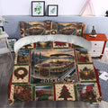 Pontoon duvet cover styled in a bedroom with holiday lake artwork, wreaths, poinsettias, and cozy cabin details