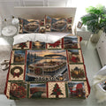 Christmas pontoon duvet cover set displayed in a bright bedroom with matching pillows and scenic lake artwork