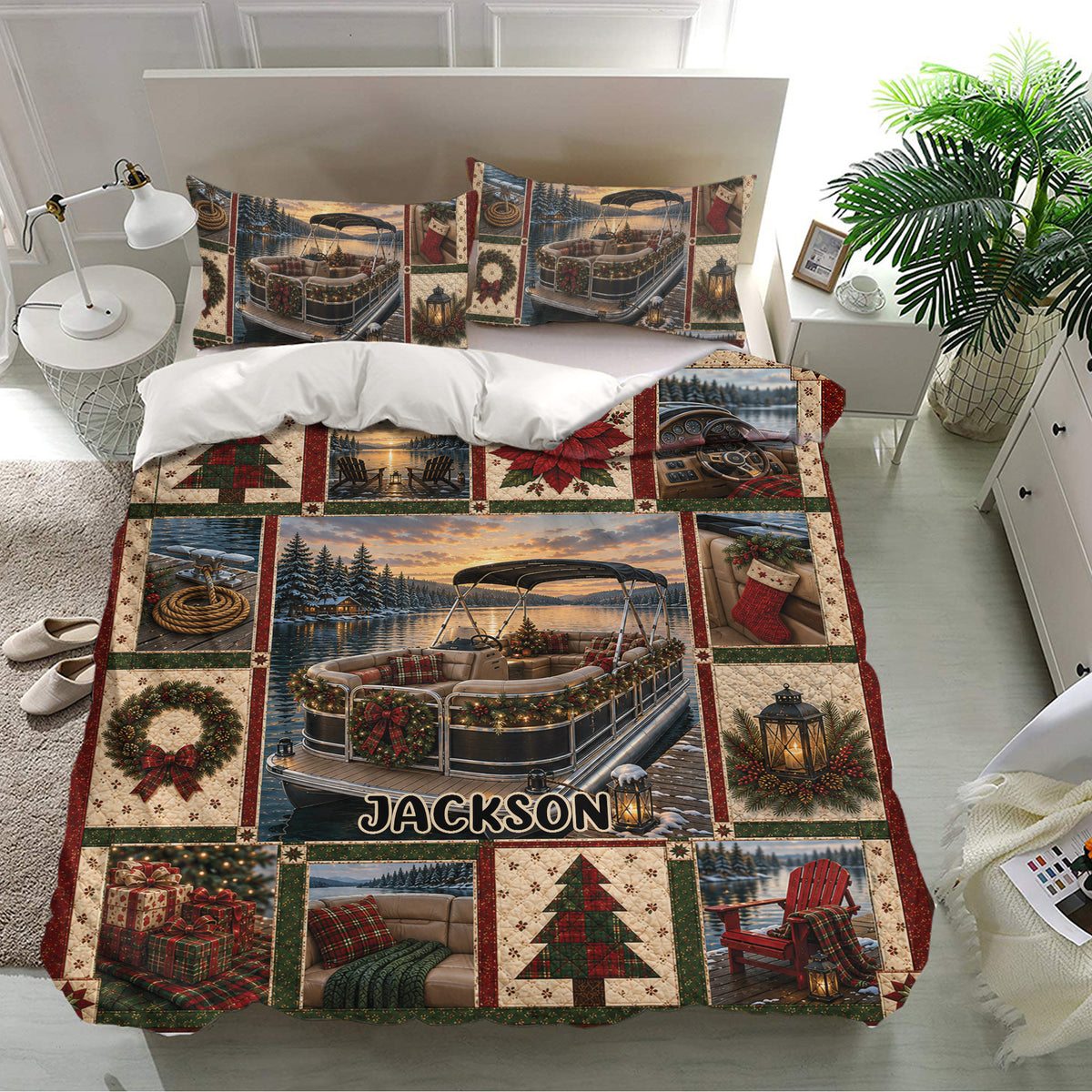 Christmas pontoon duvet cover set displayed in a bright bedroom with matching pillows and scenic lake artwork
