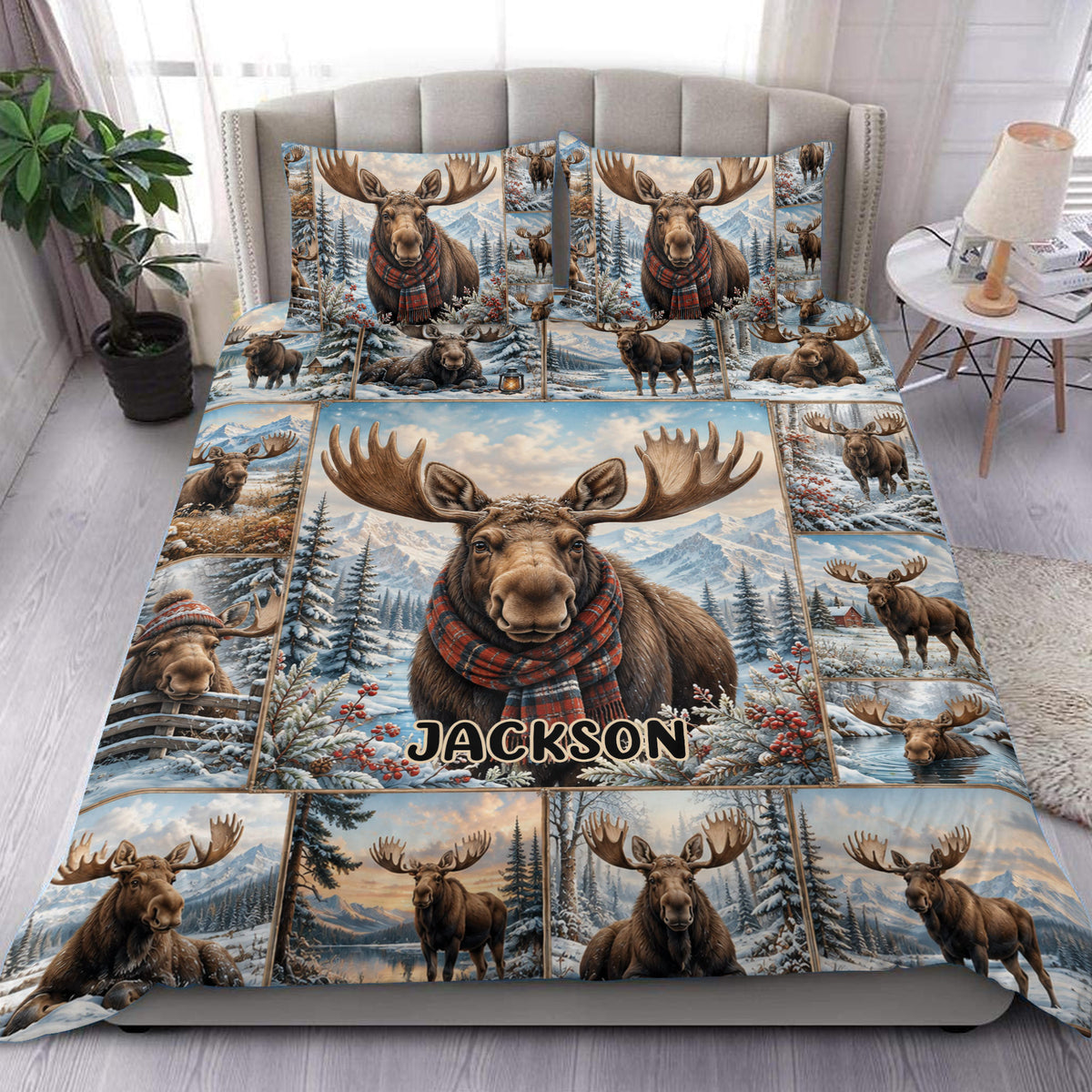 Moose duvet cover set displayed on a bed with snowy mountain scenery and rustic wildlife artwork