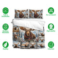 Moose duvet cover set with matching pillowcases shown alongside softness, care, and quality feature icons
