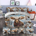 Moose duvet cover set styled in a bedroom with snowy forest artwork and rustic mountain lodge appeal