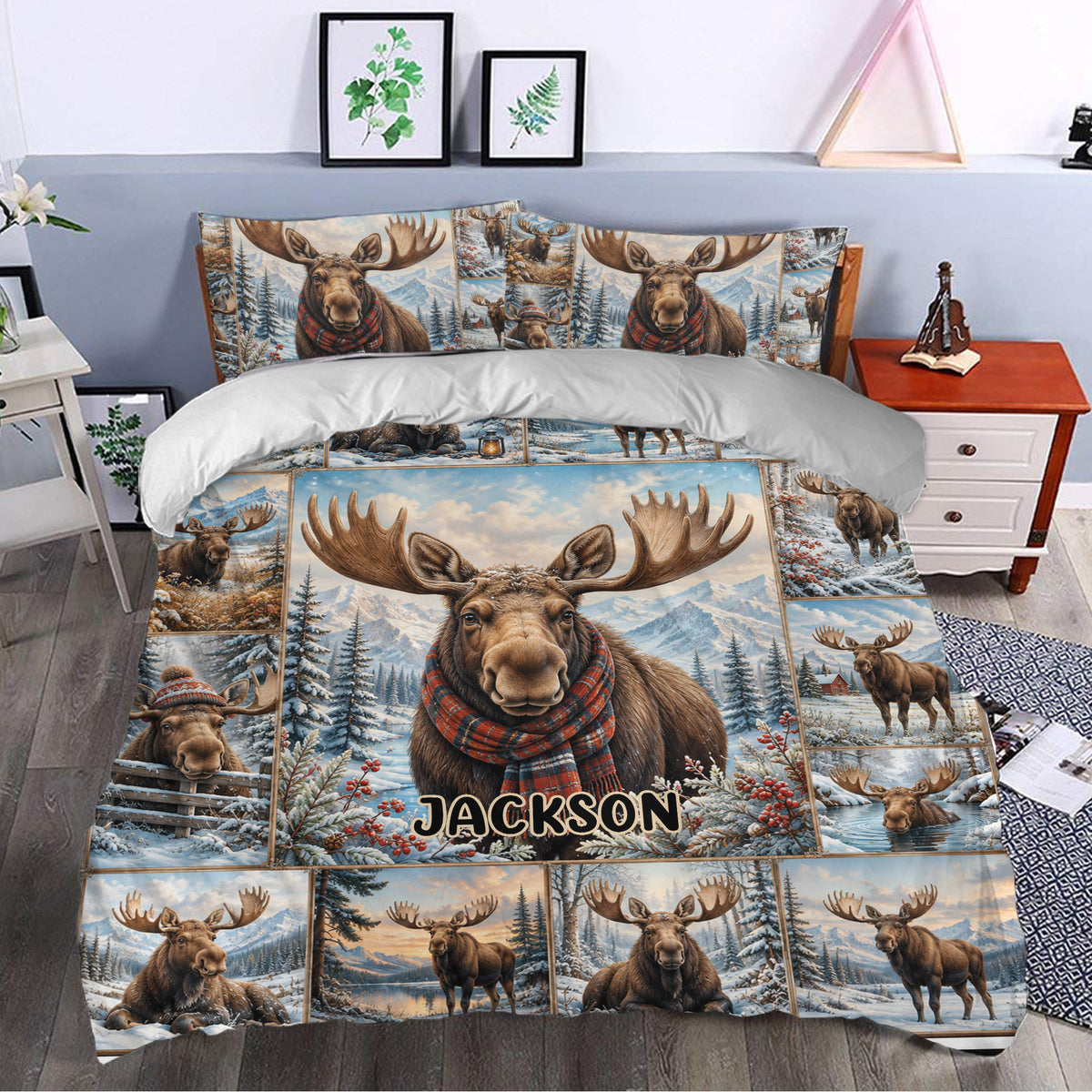 Moose duvet cover set styled in a bedroom with snowy forest artwork and rustic mountain lodge appeal