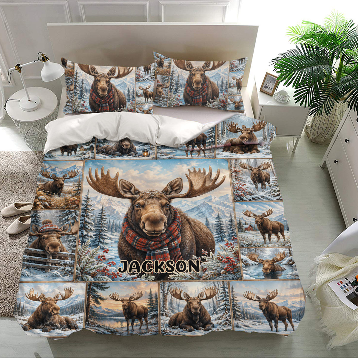 Moose duvet cover set presented in a bright bedroom with winter wildlife scenes and matching pillowcases