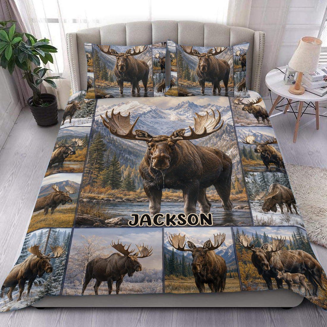 Moose duvet cover set displayed on a bed with mountain landscape artwork and matching pillowcases