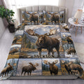 Moose duvet cover set displayed on a bed with mountain landscape artwork and matching pillowcases