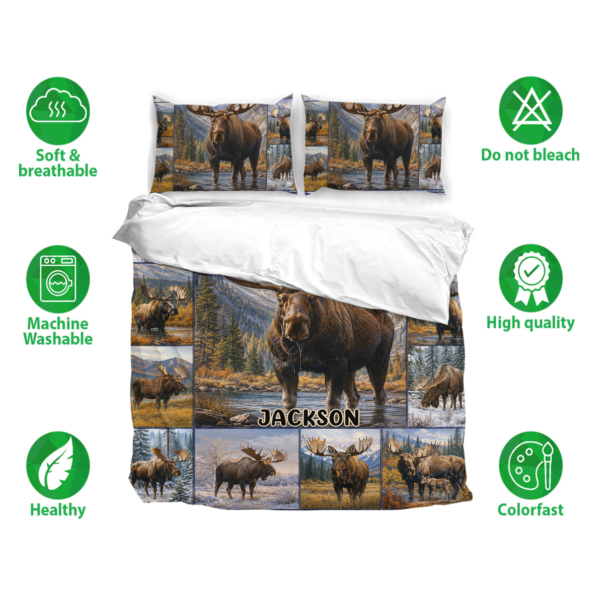 Moose bedding set shown with matching pillows, soft breathable fabric, and colorful wildlife artwork
