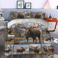 Moose bedding set styled in a bedroom with rustic wildlife scenery and mountain landscape decor