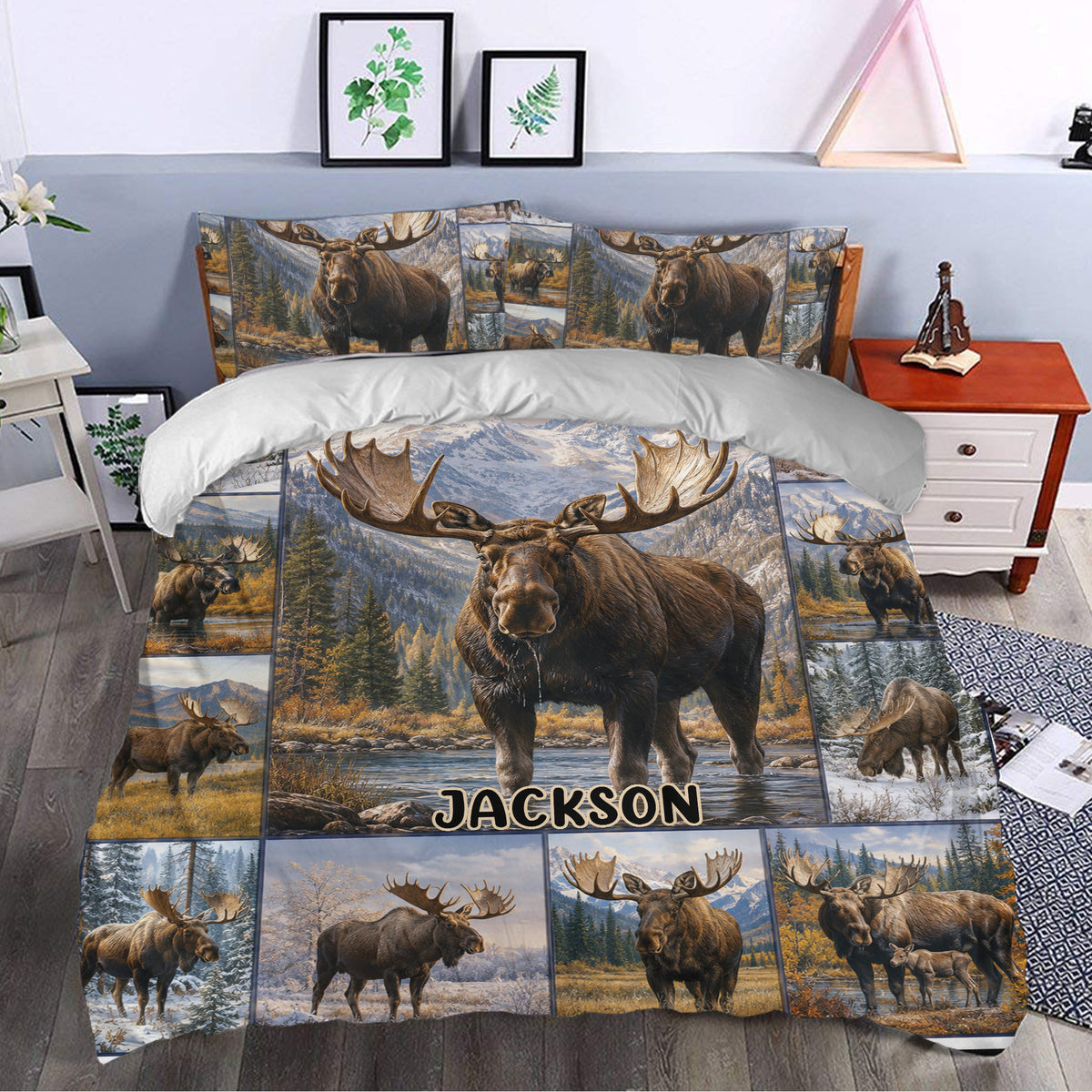 Moose bedding set styled in a bedroom with rustic wildlife scenery and mountain landscape decor