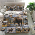 Moose duvet cover bedding set displayed in a bright bedroom with matching pillows and forest artwork