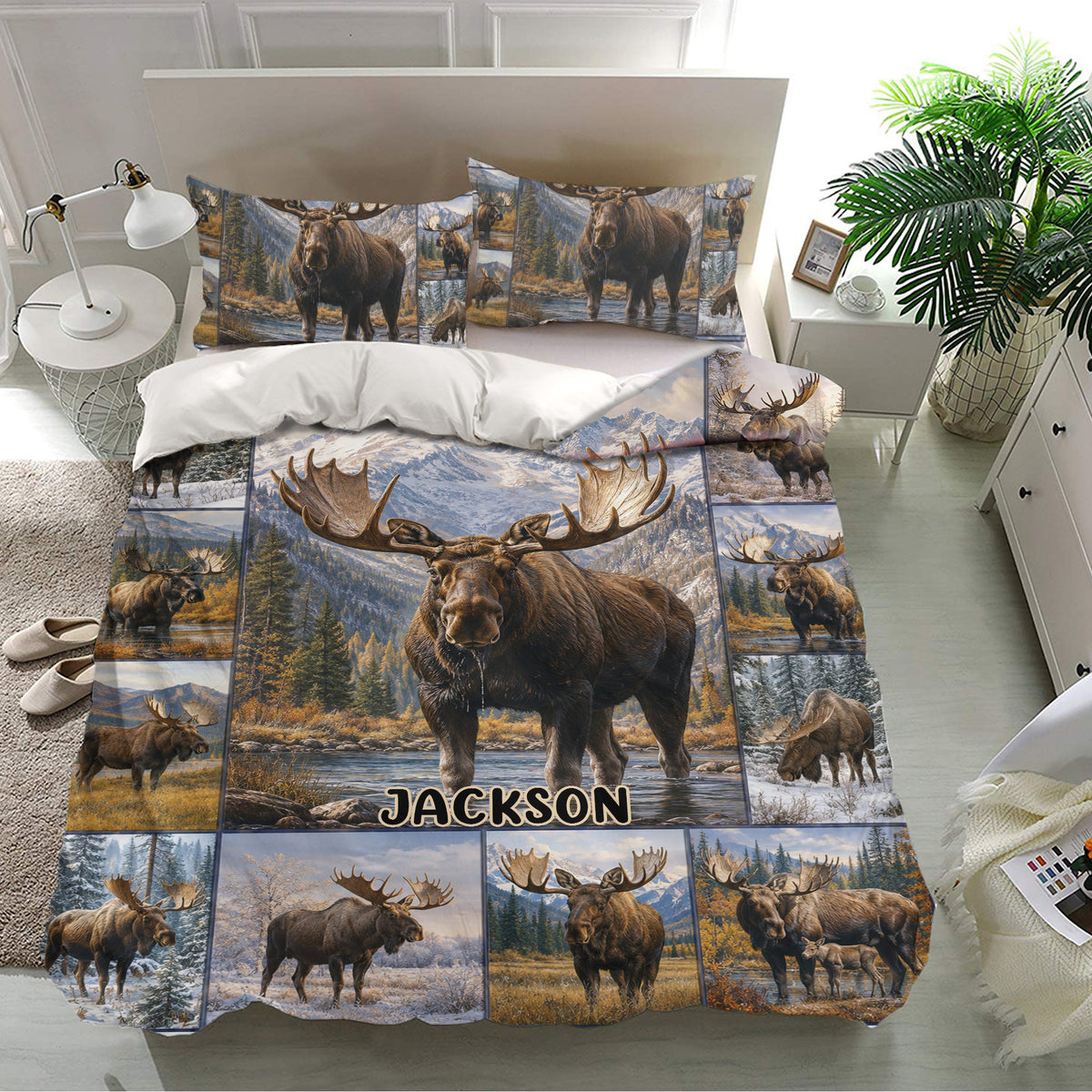 Moose duvet cover bedding set displayed in a bright bedroom with matching pillows and forest artwork