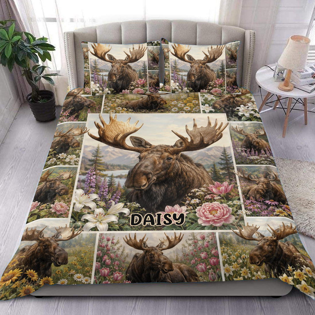 Moose duvet cover set displayed on a bed with floral wildlife artwork and mountain scenery