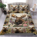 Moose duvet cover set displayed on a bed with floral wildlife artwork and mountain scenery