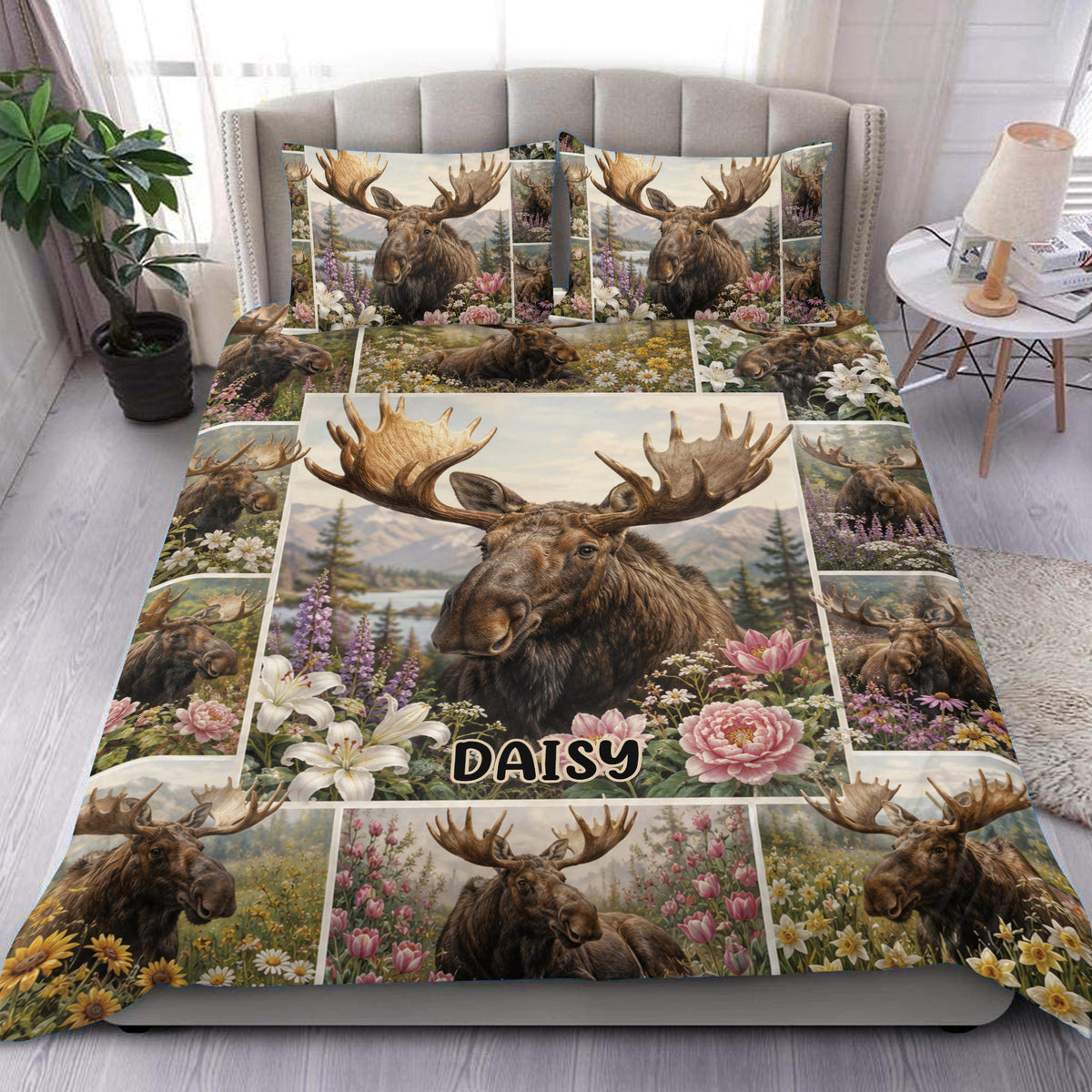Moose duvet cover set displayed on a bed with floral wildlife artwork and mountain scenery