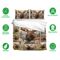 Moose bedding set shown with matching pillowcases, floral forest artwork, and soft breathable fabric icons