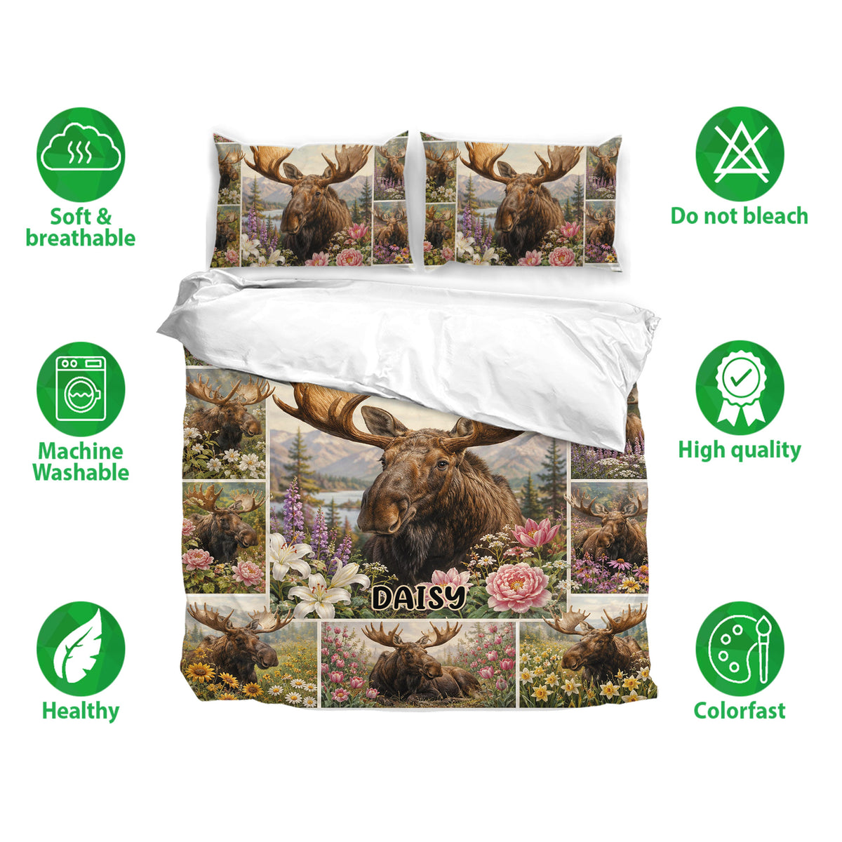 Moose bedding set shown with matching pillowcases, floral forest artwork, and soft breathable fabric icons