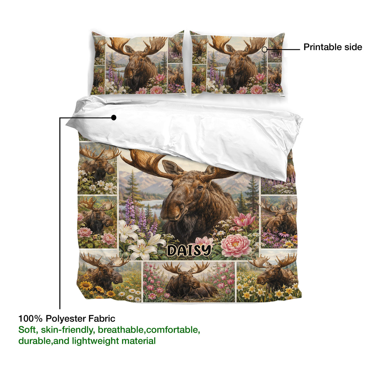 Moose duvet cover bedding set detail showing the printable side and lightweight polyester fabric