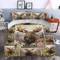 Moose duvet cover set styled in a bedroom with mountain scenery, flowers, and rustic wildlife artwork
