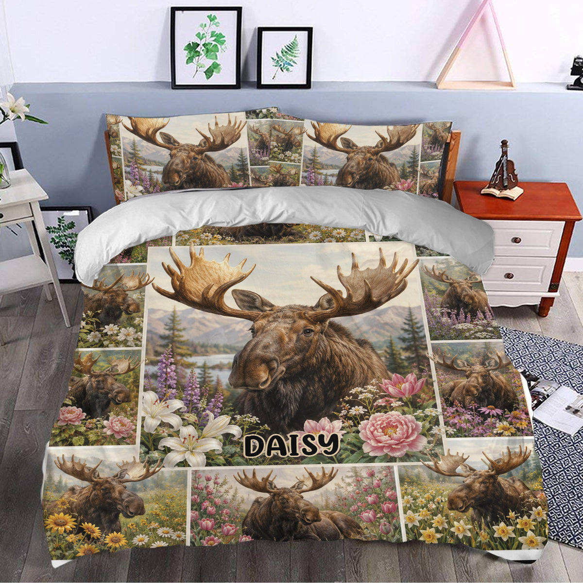 Moose duvet cover set styled in a bedroom with mountain scenery, flowers, and rustic wildlife artwork