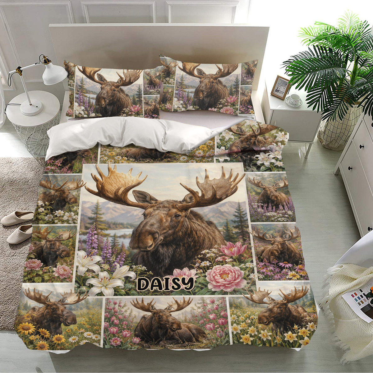 Moose bedding set displayed in a bright bedroom with matching floral wildlife pillowcases