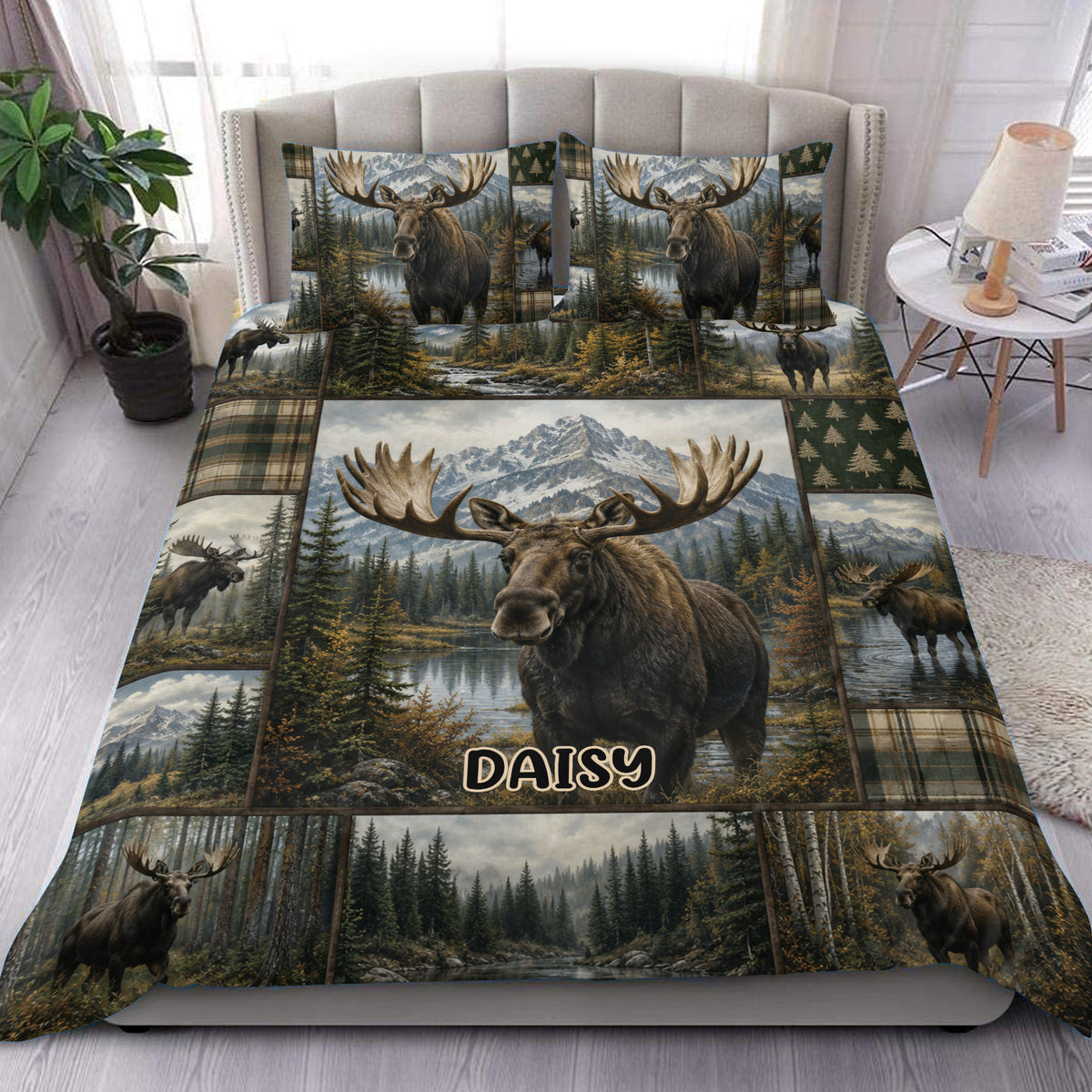 Moose duvet cover set displayed on a bed with mountain lake scenery, evergreen forest, and rustic plaid accents