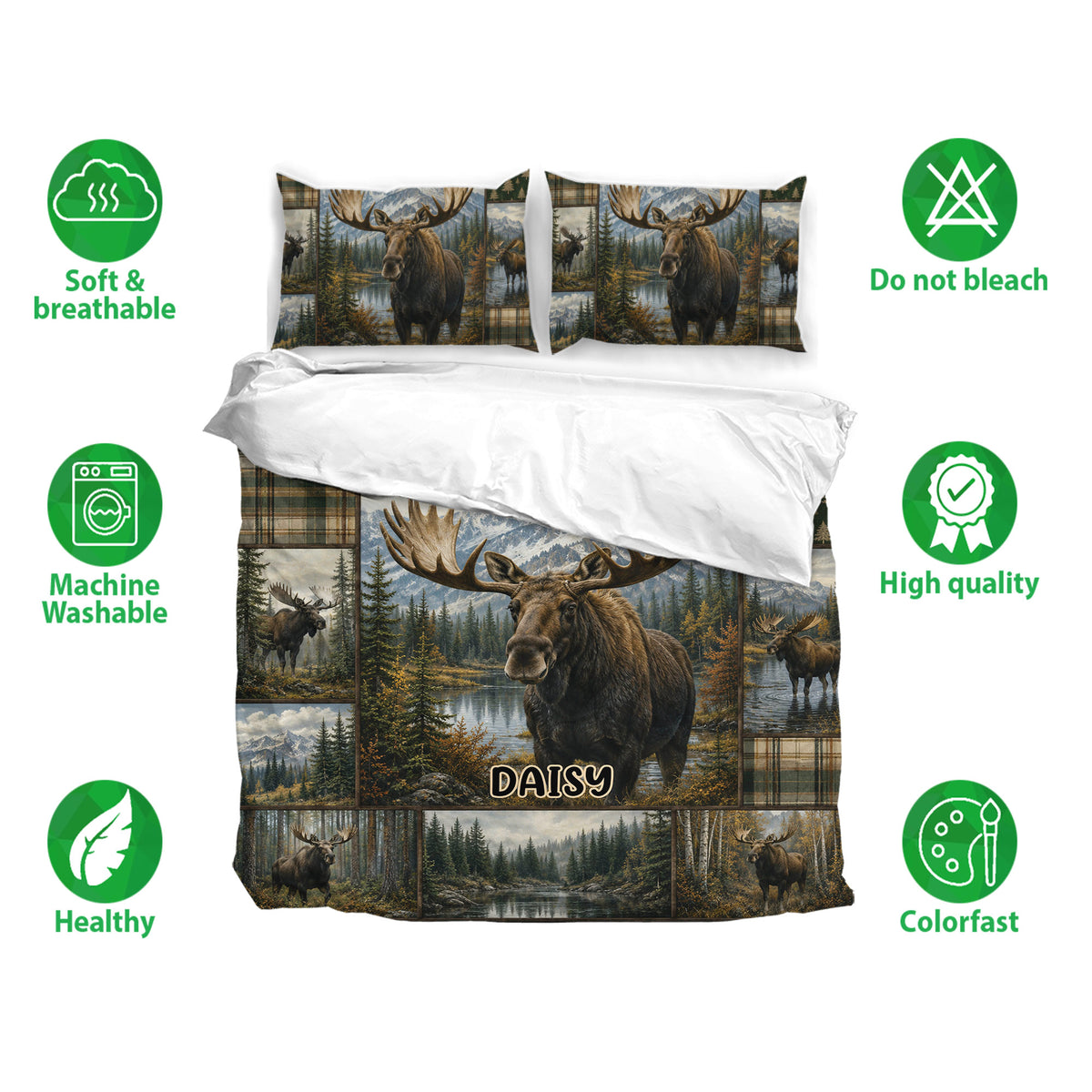Moose duvet cover bedding set shown with matching pillowcases and soft breathable fabric feature icons