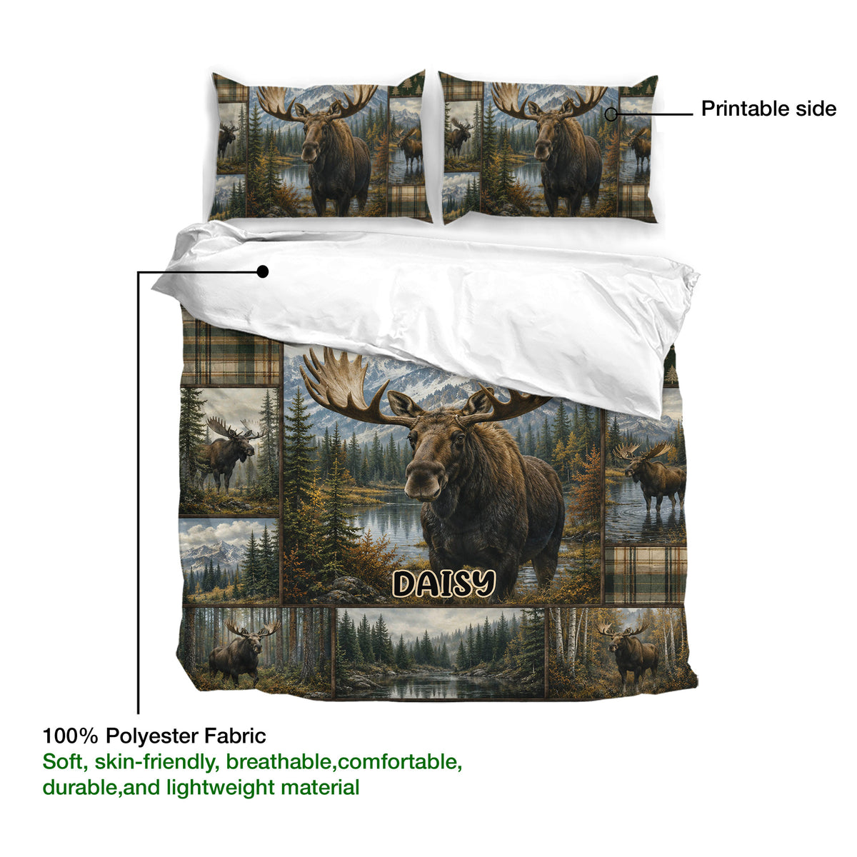 Moose bedding set product view showing the printable surface and soft lightweight polyester fabric